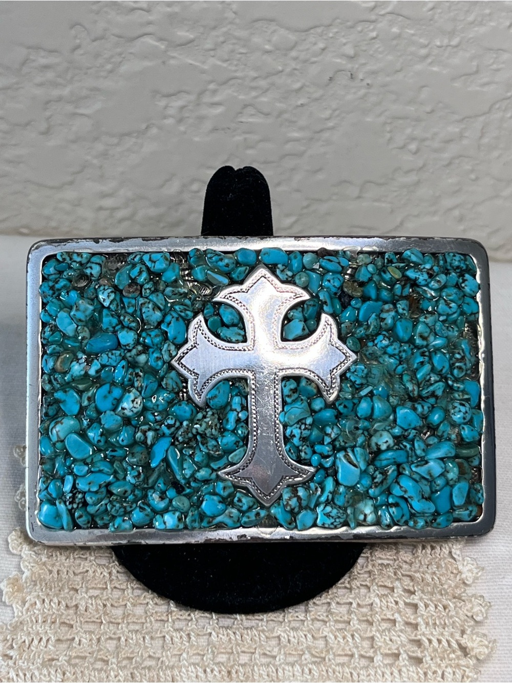 Vintage Zocai Turquoise Chip Mosaic Cross Western Belt Buckle Silver Tone